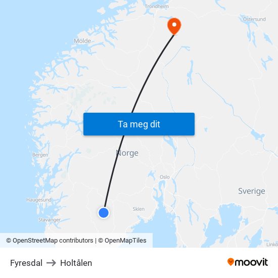 Fyresdal to Holtålen map