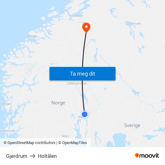 Gjerdrum to Holtålen map