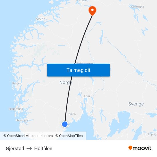 Gjerstad to Holtålen map