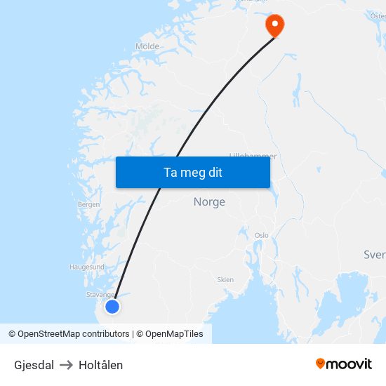 Gjesdal to Holtålen map