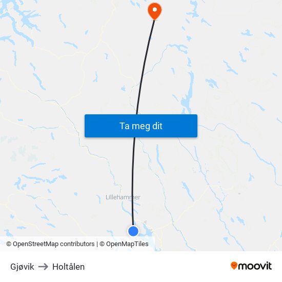 Gjøvik to Holtålen map