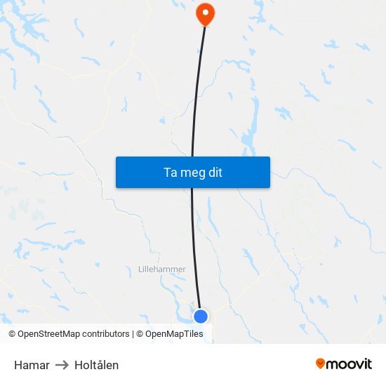 Hamar to Holtålen map