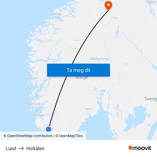 Lund to Holtålen map