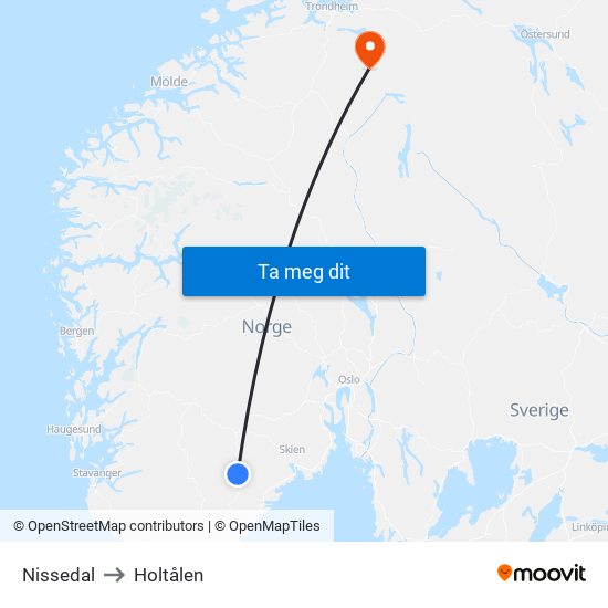 Nissedal to Holtålen map