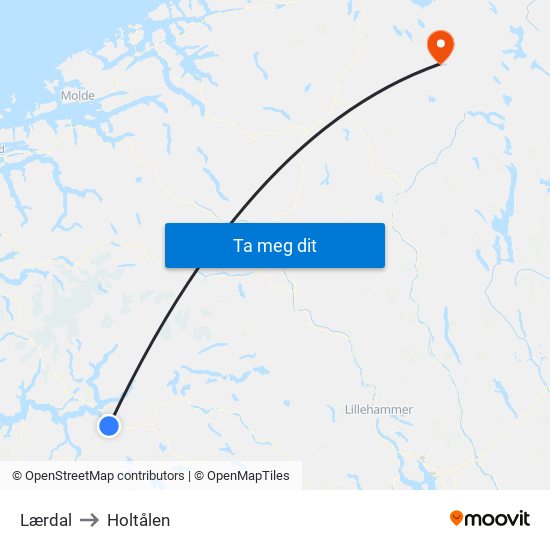 Lærdal to Holtålen map
