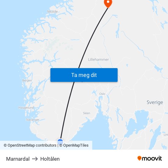 Marnardal to Holtålen map