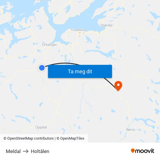 Meldal to Holtålen map