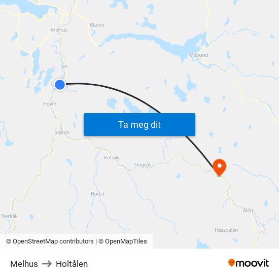 Melhus to Holtålen map