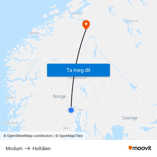 Modum to Holtålen map