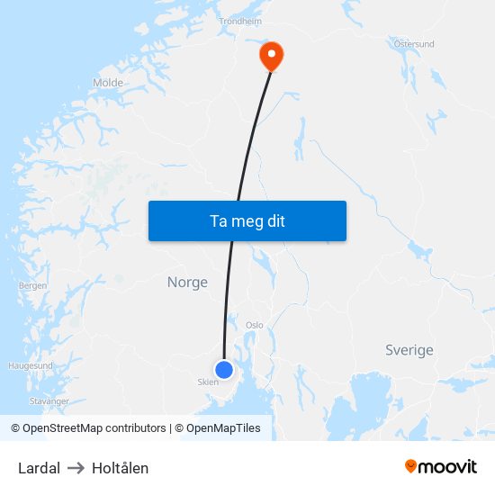Lardal to Holtålen map