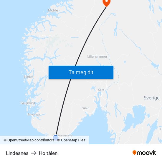 Lindesnes to Holtålen map