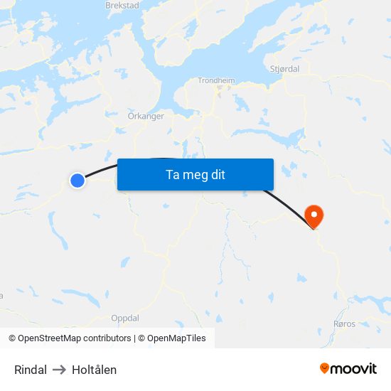 Rindal to Holtålen map