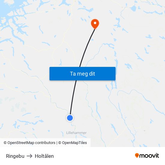 Ringebu to Holtålen map
