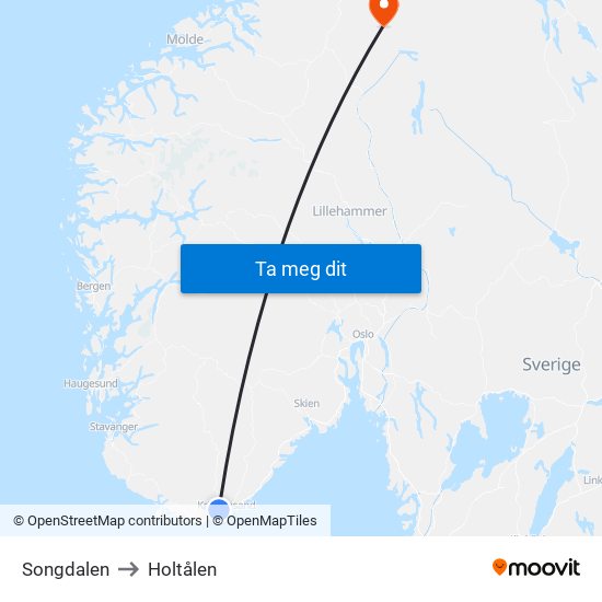 Songdalen to Holtålen map