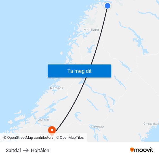 Saltdal to Holtålen map