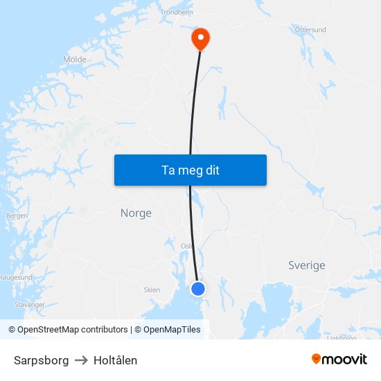 Sarpsborg to Holtålen map