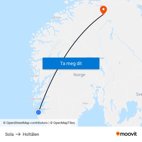 Sola to Holtålen map