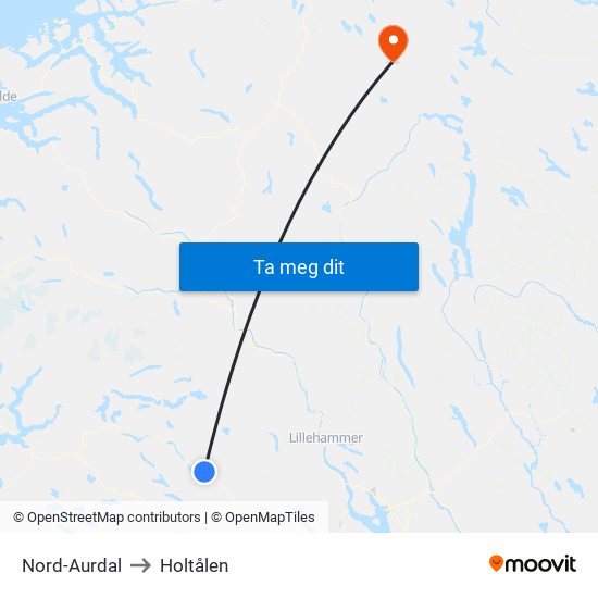 Nord-Aurdal to Holtålen map