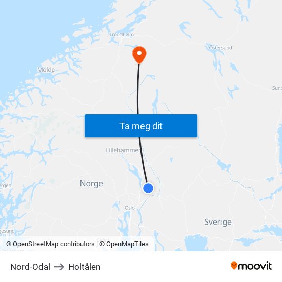 Nord-Odal to Holtålen map