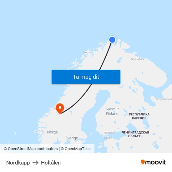 Nordkapp to Holtålen map