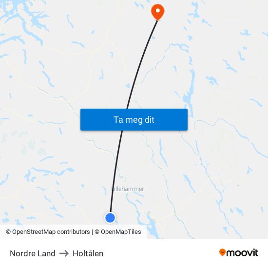 Nordre Land to Holtålen map