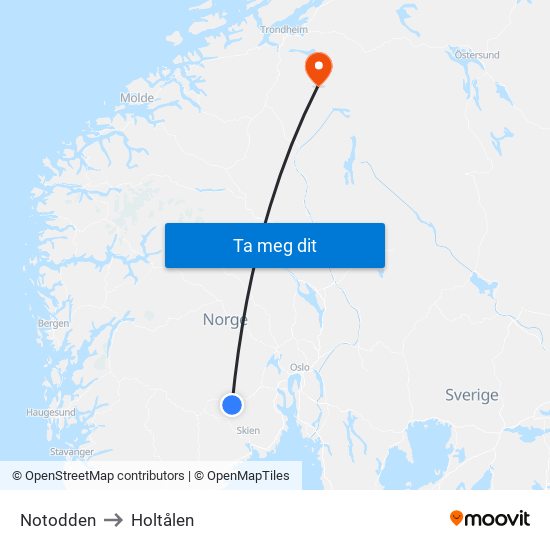Notodden to Holtålen map