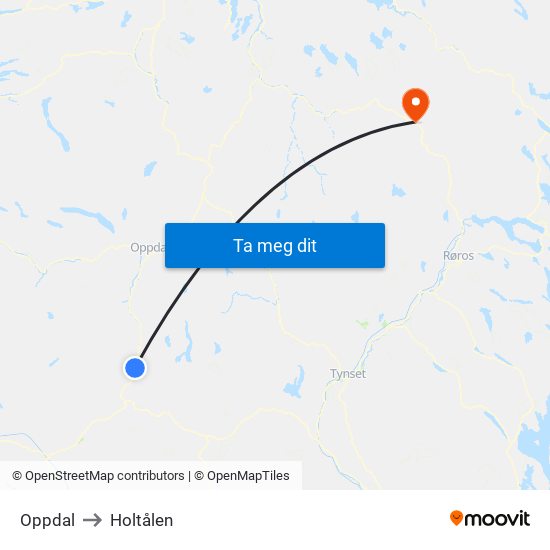 Oppdal to Holtålen map
