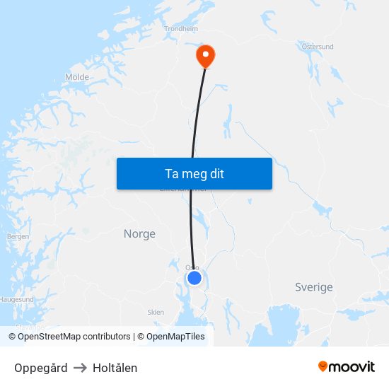 Oppegård to Holtålen map