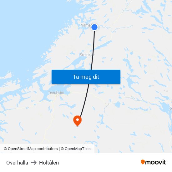 Overhalla to Holtålen map