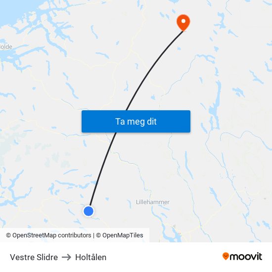 Vestre Slidre to Holtålen map