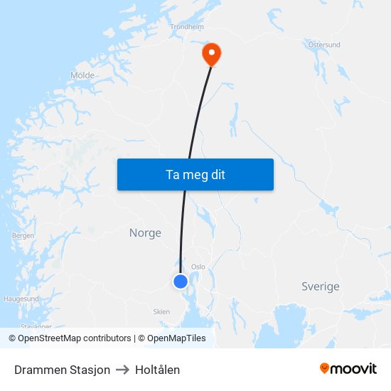 Drammen Stasjon to Holtålen map