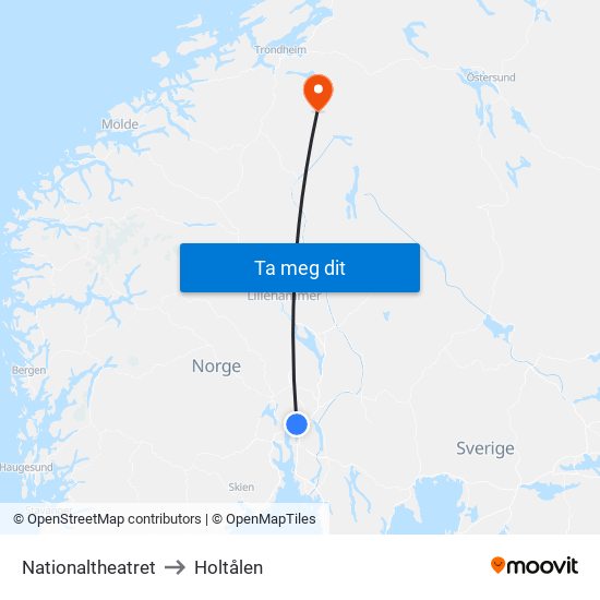 Nationaltheatret to Holtålen map