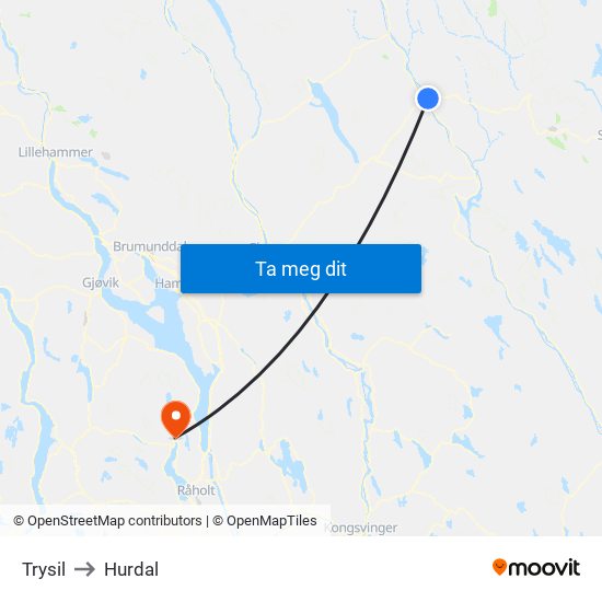 Trysil to Hurdal map