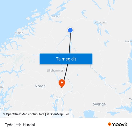 Tydal to Hurdal map