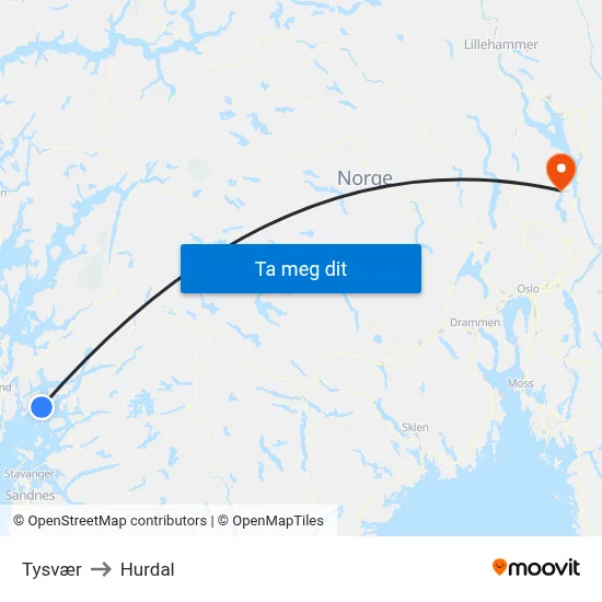 Tysvær to Hurdal map