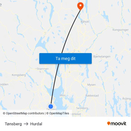 Tønsberg to Hurdal map