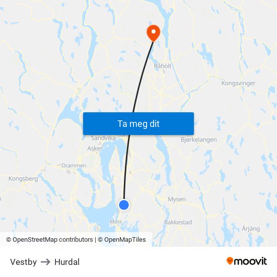 Vestby to Hurdal map