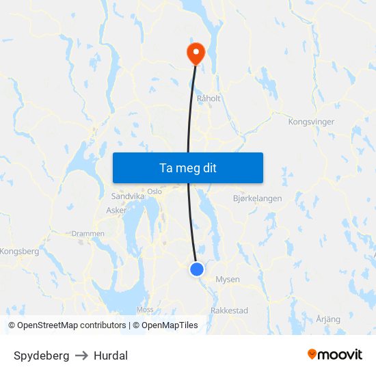 Spydeberg to Hurdal map