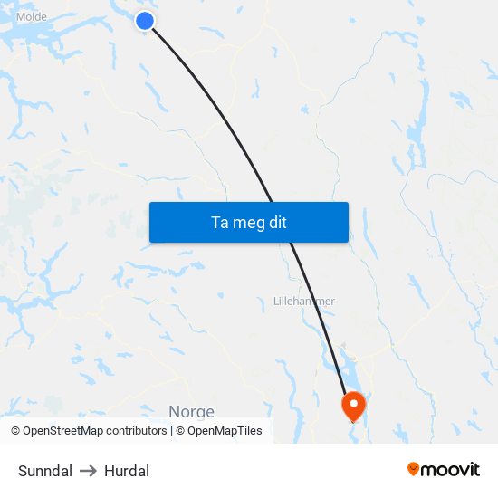Sunndal to Hurdal map