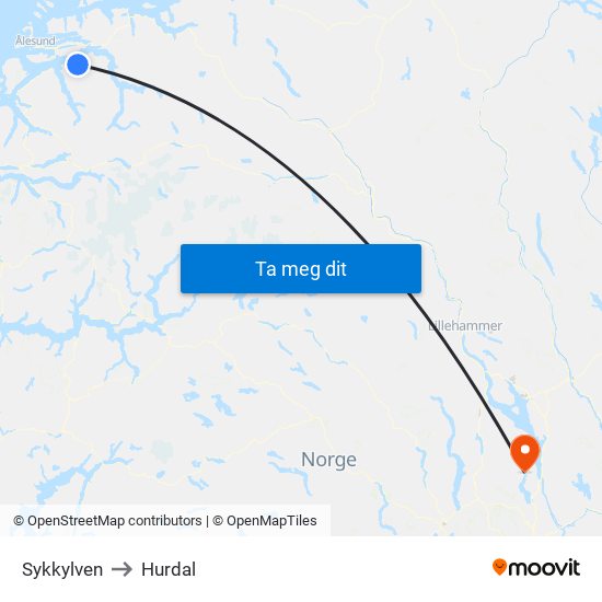 Sykkylven to Hurdal map