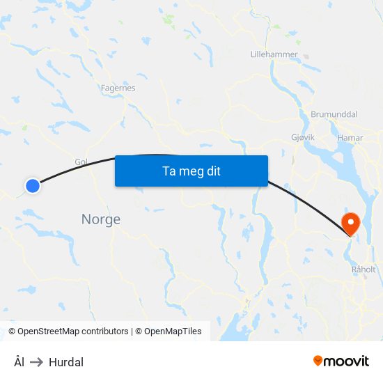 Ål to Hurdal map