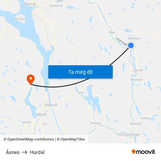 Åsnes to Hurdal map