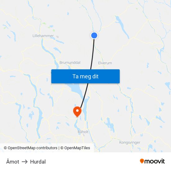 Åmot to Hurdal map