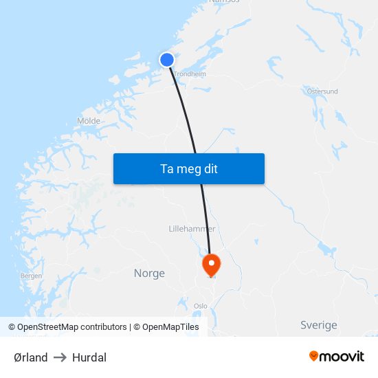 Ørland to Hurdal map