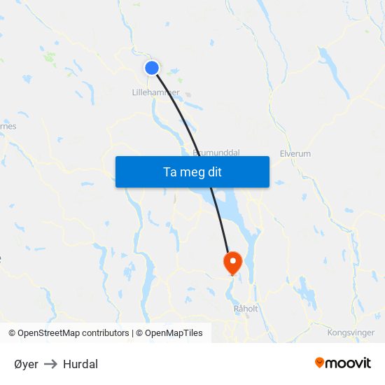 Øyer to Hurdal map