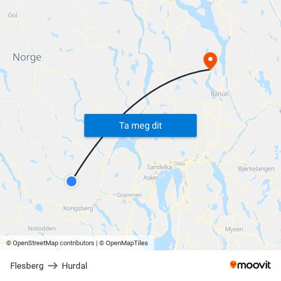 Flesberg to Hurdal map