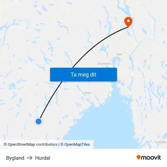 Bygland to Hurdal map