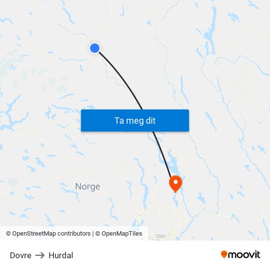 Dovre to Hurdal map