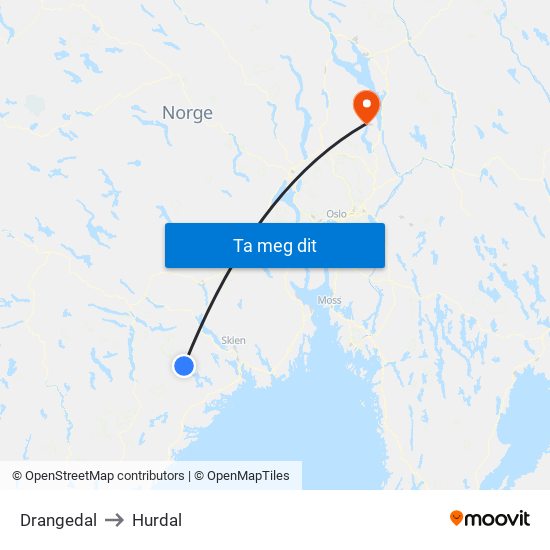 Drangedal to Hurdal map