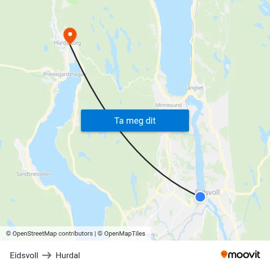 Eidsvoll to Hurdal map